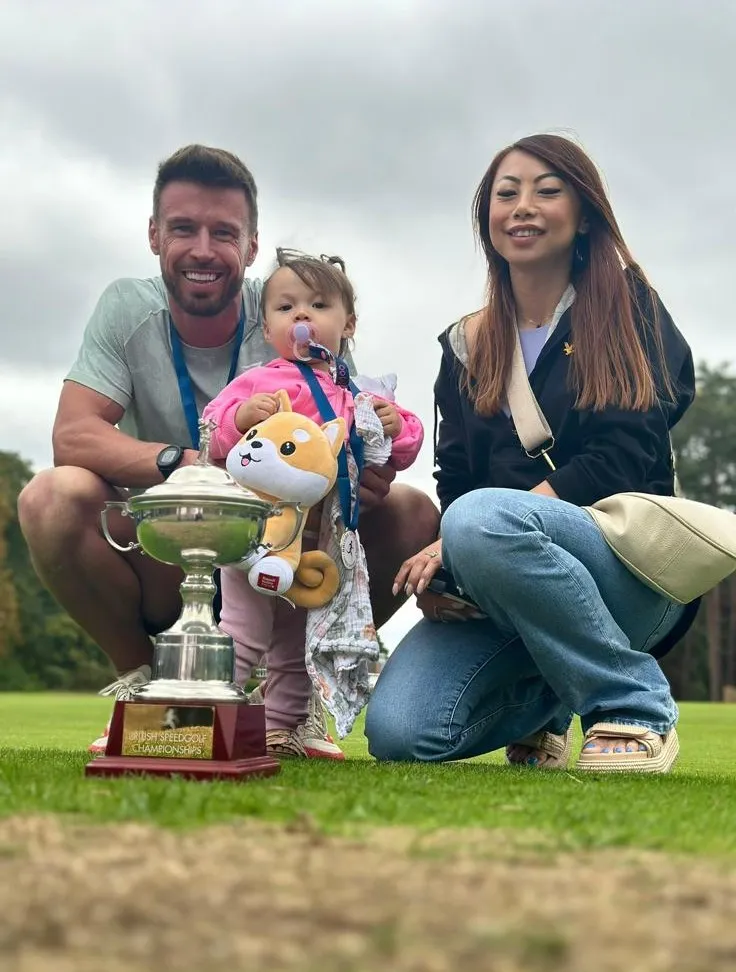 James Hardy with his family, holding the British Speedgolf Championships trophy